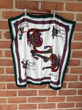 Silk-Feel Decorative Scarf in White, Green, burgundy & Teal. Celtic